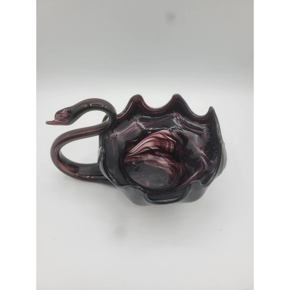 Vintage Amethyst Purple Slag Art Glass Swan Scalloped Ruffled Edge Bowl 9 Inch